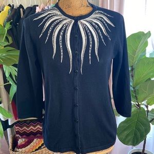 Bob Mackie Wearable Art Vintage Black Cardigan Sweater 3/4 Sleeves Sz S